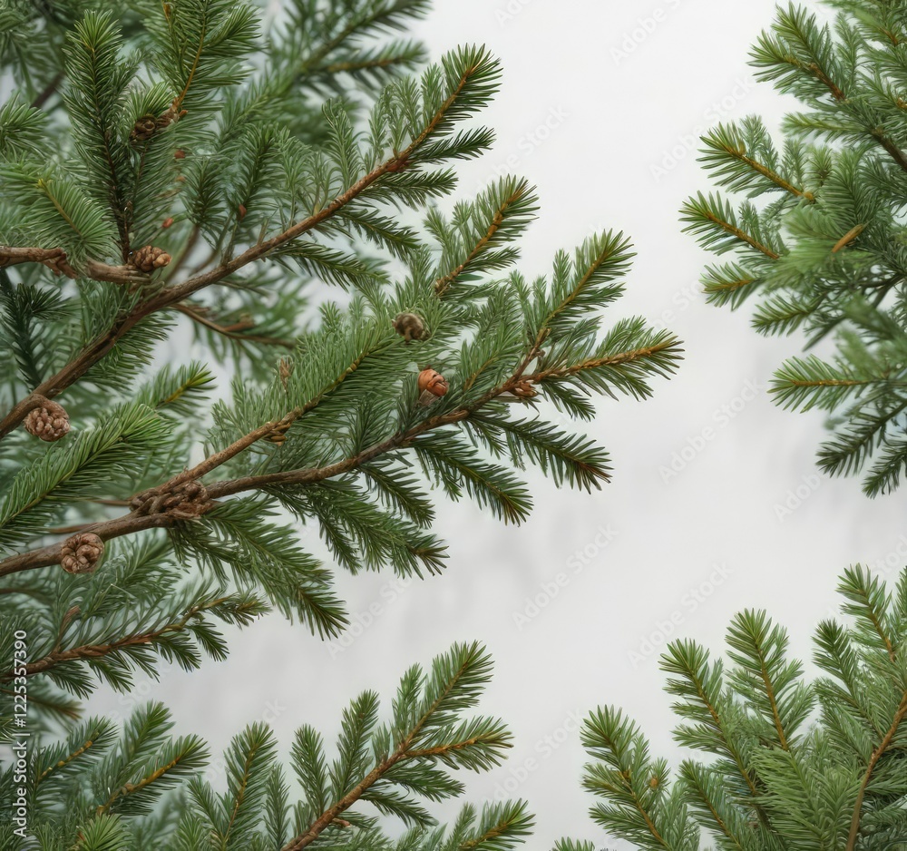 Fresh spruce branches arranged artfully on a plain white surface , natural elements, simple decor Fresh spruce branches arranged artfully on a plain white surface , natural elements, simple decor