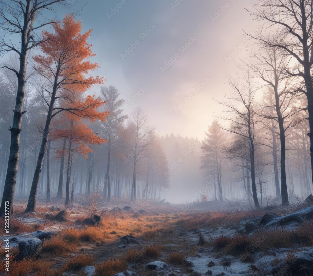 Frosty forest scene with bare trees in the foreground and a misty sky above , serene, landscape