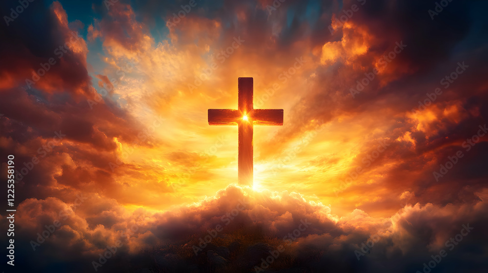 A radiant cross illuminated against a backdrop of vibrant, colorful clouds at sunset. A radiant cross illuminated against a backdrop of vibrant, colorful clouds at sunset.
