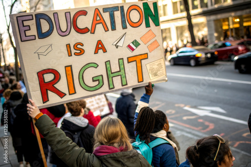 A group of protesters holding a colorful sign that reads 