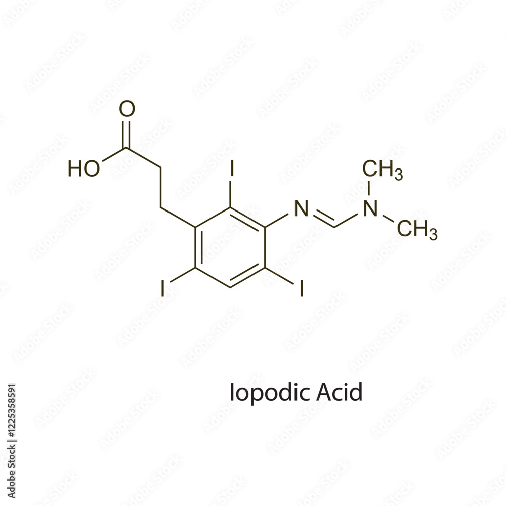 Iopodic Acid flat skeletal molecular structure Contrast media treatment. Vector illustration scientific diagram. Iopodic Acid flat skeletal molecular structure Contrast media treatment. Vector illustration scientific diagram.