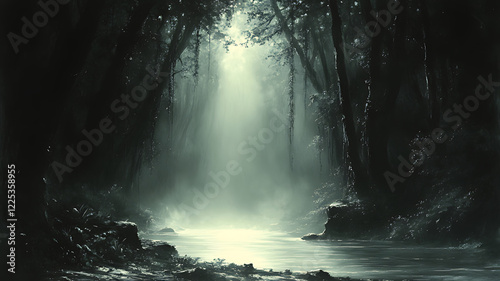 Mystical forest river, sunbeam, misty path, adventure background, game design