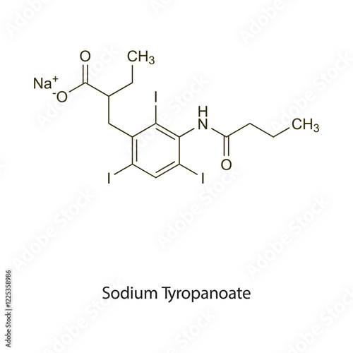Propyliodone flat skeletal molecular structure Contrast media treatment. Vector illustration scientific diagram.