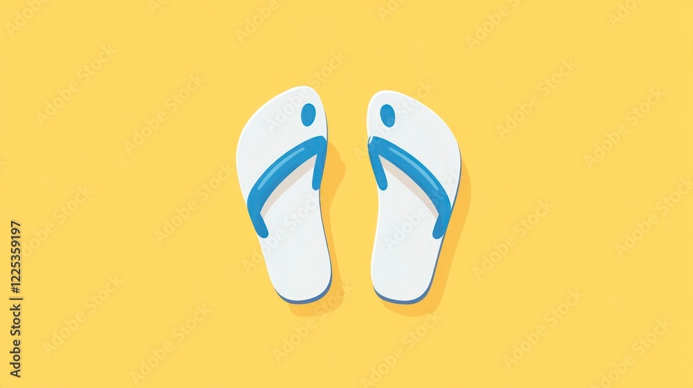 2D flat vector of simple icon design, white flip-flops with blue accents on a yellow background, simple, minimalist 2D flat vector of simple icon design, white flip-flops with blue accents on a yellow background, simple, minimalist