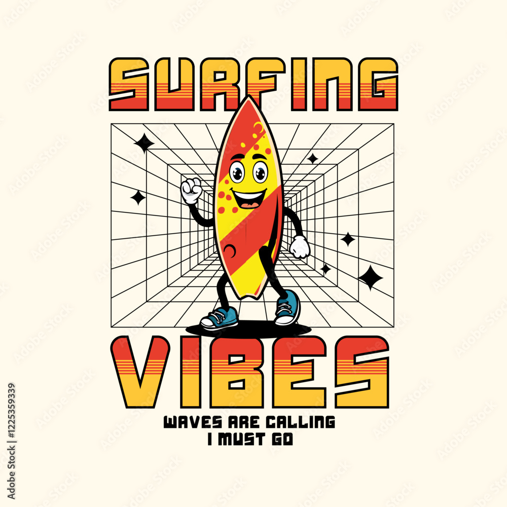 Obraz premium Surfing Vibes retro funny cartoon surf board print graphic t shirt design