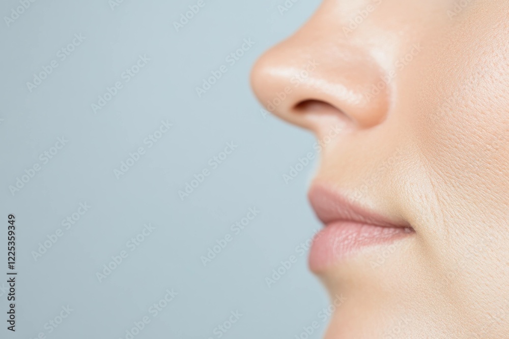 Close up profile of a young woman with smooth skin, neutral expression, simple background, highlighting natural beauty and skincare concepts in a serene color palette Close up profile of a young woman with smooth skin, neutral expression, simple background, highlighting natural beauty and skincare concepts in a serene color palette