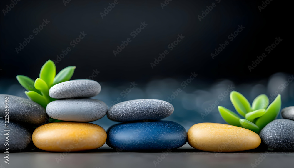 Fototapeta premium A serene arrangement of smooth stones and succulent plants, evoking calmness and harmony in nature.