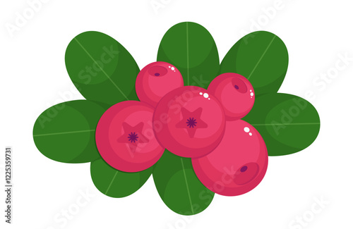 Lingonberry isolated on a white background. Red, pink berries and green leaves in flat style. Vector illustration, colored icon, design element.	