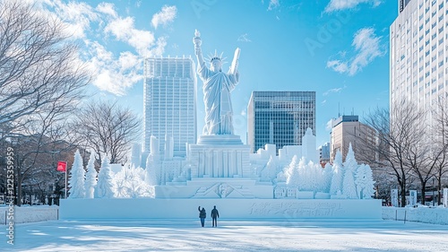 Statue in winter landscape with modern buildings.