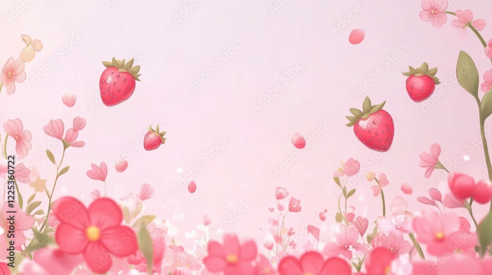 Pink background with a small strawberry and flower pattern border, flat illustration style, cute and dreamy, simple design