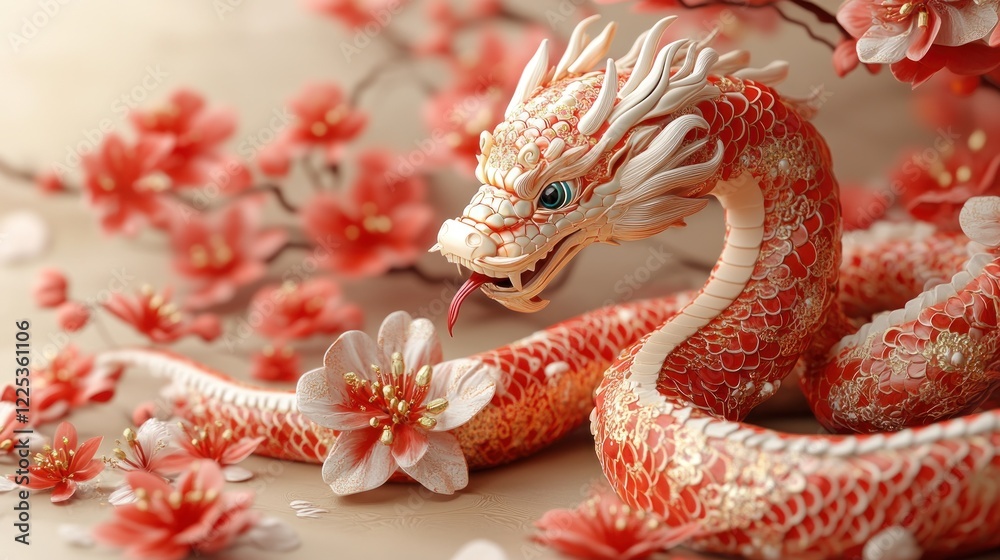 Fototapeta premium A Stunning 3D Render Of A Red And Gold Chinese Dragon Coiled Amongst Delicate Pink Blossoms. It'S Elegant And Intricately Detailed, Evoking A Sense Of Peace And Celebration.