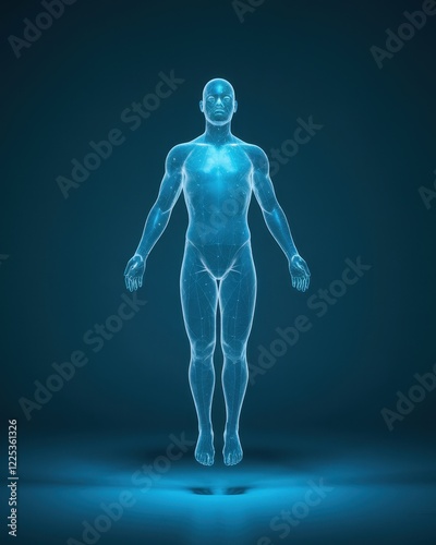 Digital Human Hologram Floating In Blue Space