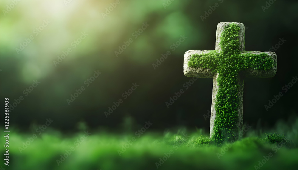 A serene green cross covered in moss, symbolizing faith and nature in harmony. Ideal for spiritual themes and mindfulness. A serene green cross covered in moss, symbolizing faith and nature in harmony. Ideal for spiritual themes and mindfulness.