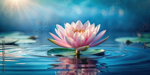 Wallpaper Mural A delicate pink lotus flower blooms in a serene and peaceful environment on a blue background, surrounded by soft water ripples and lush greenery, bloom, greenery Torontodigital.ca