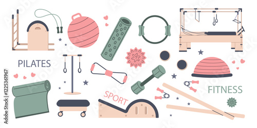 Vector set of Pilates and fitness equipment on a white background
