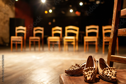 wooden chairs arranged around castanets and flamenco shoes, stage lighting photo