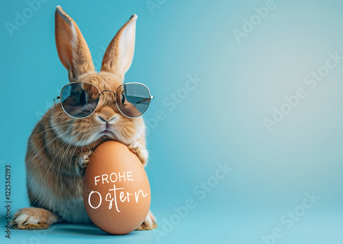 Frohe Ostern Konzept Feiertag Grußkarte - Cooler Osterhase mit Sonnenbrille und Osterei mit deutschem Text, isoliert auf blauem Hintergrund