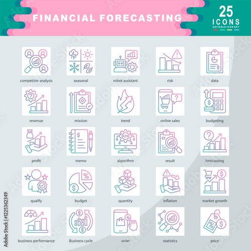 Financial Forecasting icon set containing competitor analysis, seasonal, robot assistant, risk, data, revenue, mission, trend, online sales, budgeting icon. Simple gradian vector