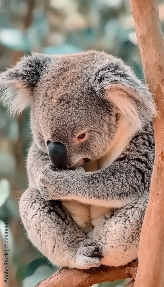 Obraz premium Serene Koala Bear Portrait, Contemplative Pose Amidst Eucalyptus Trees, Soft Natural Light