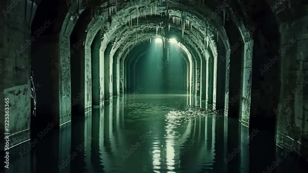Mysterious underground tunnel with water reflection and eerie lighting in a historic site