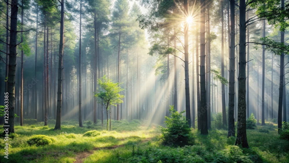 Minimalist forest scene with misty grey soft background and sunlight filtering through the trees, outdoors, peaceful Minimalist forest scene with misty grey soft background and sunlight filtering through the trees, outdoors, peaceful