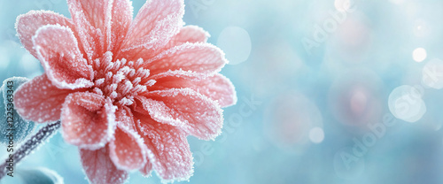 Close-up of a pink frost-covered flower with intricate ice crystals, set against a soft blue bokeh background, symbolizing natural beauty and the essence of winter. photo