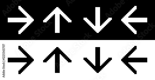 8 bit pixel art arrow icon vector set. Pictogram lack ad white arrow isolated on background