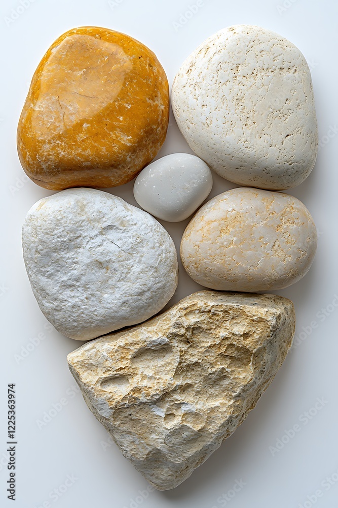 A heart crafted from smooth pebbles is centered on a clean white background. The sharp focus and high contrast emphasize the natural textures and colors of the stones, creating a serene and A heart crafted from smooth pebbles is centered on a clean white background. The sharp focus and high contrast emphasize the natural textures and colors of the stones, creating a serene and