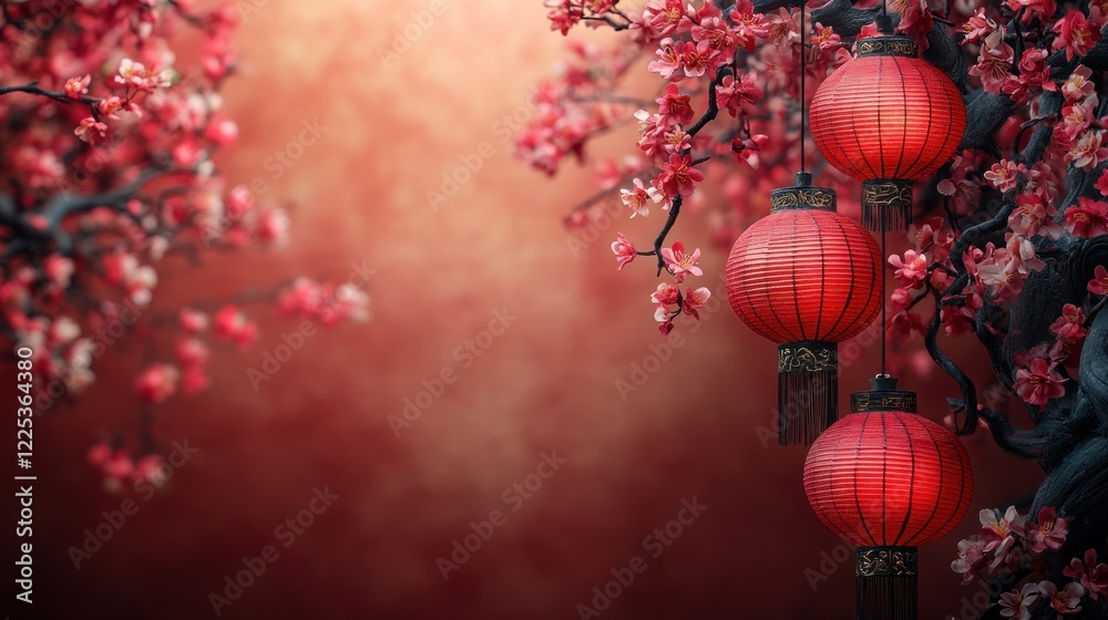Fototapeta premium Red Lanterns Hang From A Blossoming Cherry Tree Branch, Creating A Festive And Serene Atmosphere, Perfect For Lunar New Year.