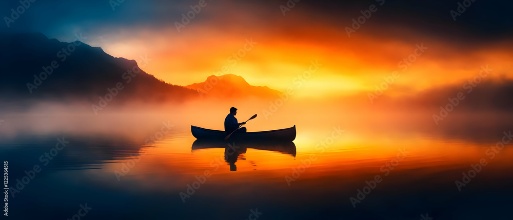 Naklejka premium A serene sunset over a calm lake with a person in a kayak, creating a perfect moment of tranquility and reflection.