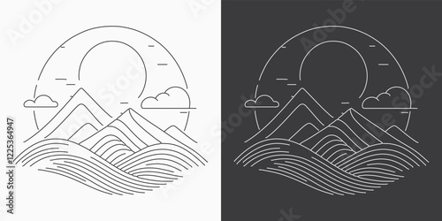 Mountain wave line art illustration. Minimalist vector artwork featuring contemporary backgrounds and awe-inspiring mountain landscapes