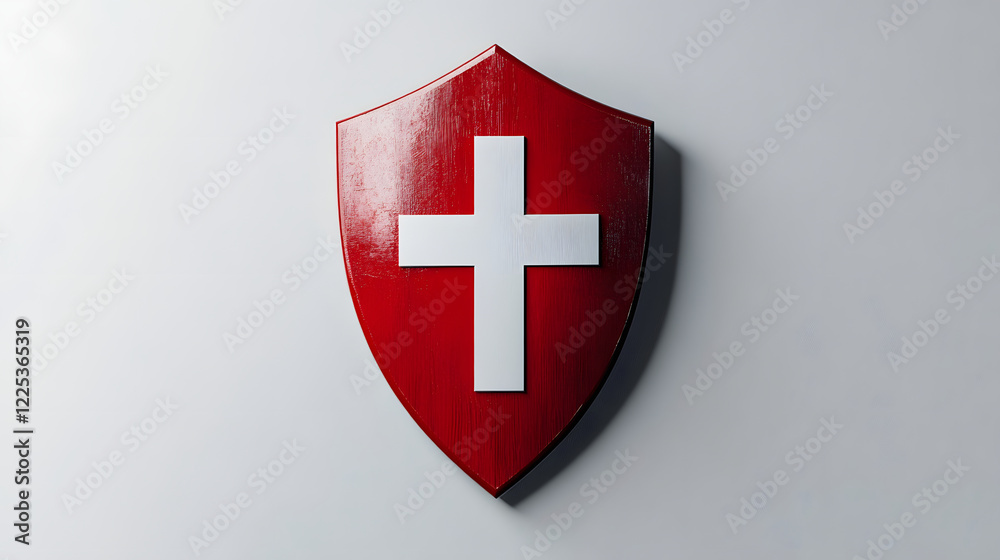 Fototapeta premium Red Shield with a White Cross in the Center