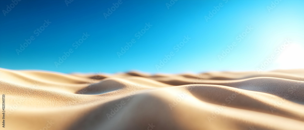 Naklejka premium A serene view of undulating sand dunes under a bright blue sky, capturing the essence of desert tranquility.