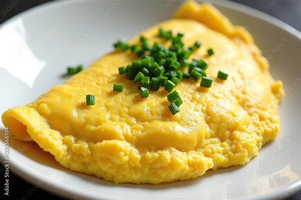 fluffy omelette garnished with fresh chopped chives served on white plate fluffy omelette garnished with fresh chopped chives served on white plate