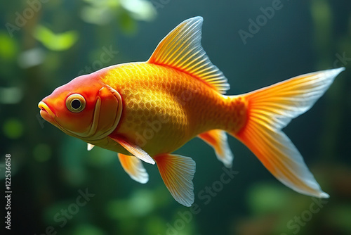 vibrant orange goldfish with flowing fins swims gracefully in clear aquarium, surrounded by soft green aquatic plants photo