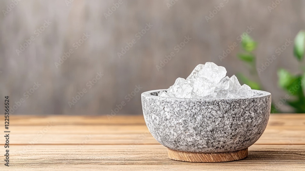Ice cubes in grey bowl on wooden table. Spa background. Wellness image Ice cubes in grey bowl on wooden table. Spa background. Wellness image