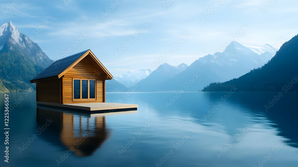 Fototapeta premium A serene wooden cabin floating on calm waters, surrounded by majestic mountains under a clear blue sky.