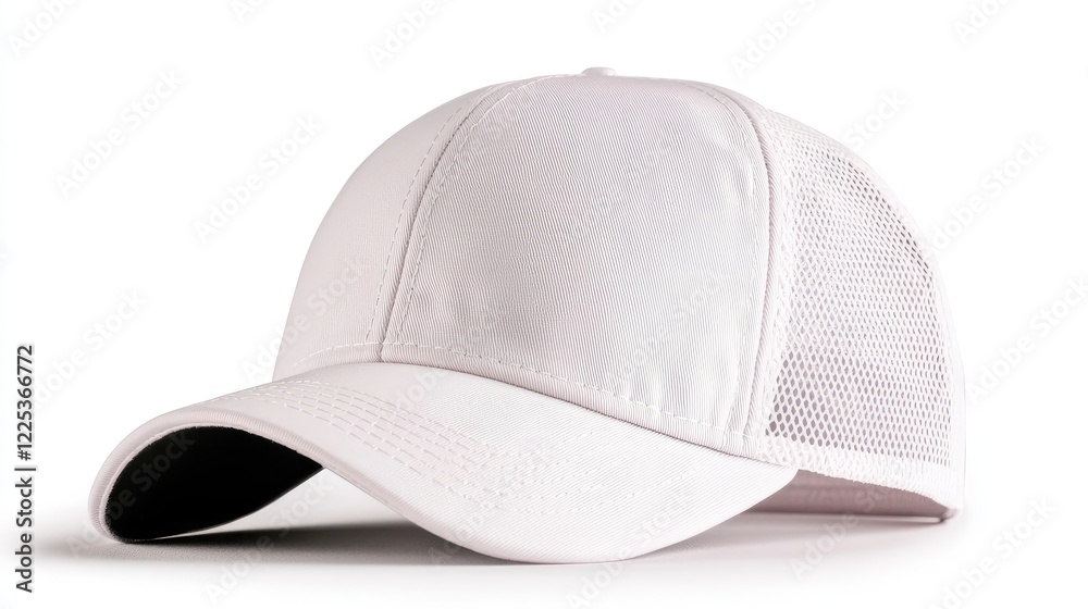 Fototapeta premium White trucker baseball cap with mesh back panels isolated on a clean white studio background.