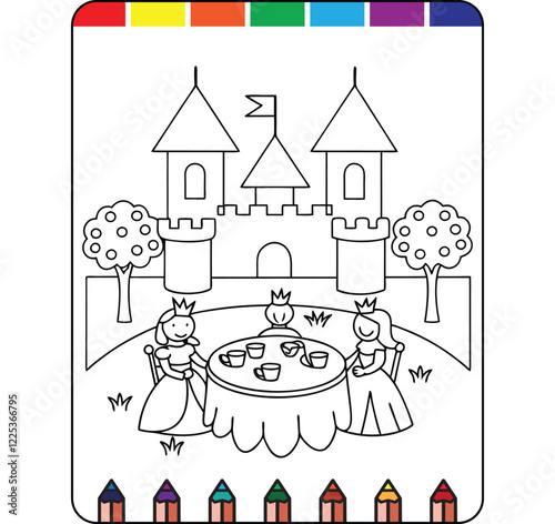 Charming Tea Party Coloring Pages for Kids, Kids Tea Time Coloring Pages, Tea Party Adventure Coloring Pages for Kids