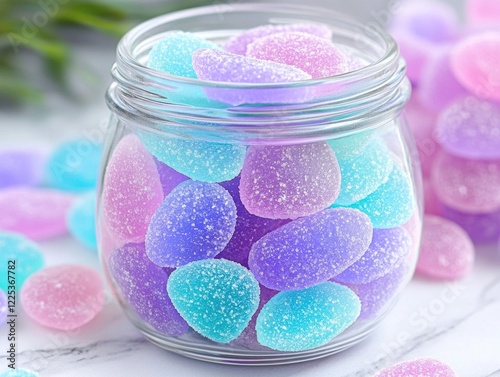 A jar filled with colorful jelly beans photo