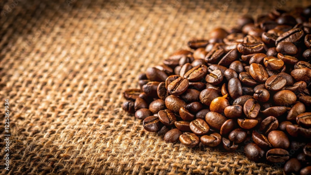 Fototapeta premium Aromatic Roasted Coffee Beans on Rustic Burlap Fabric