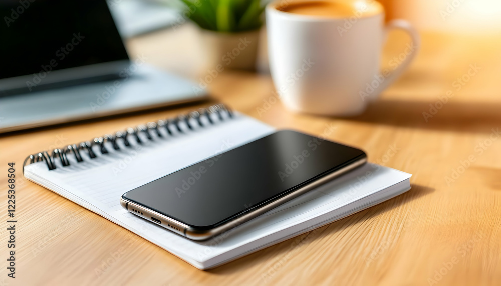 A sleek smartphone rests on a notepad beside a steaming cup of coffee, symbolizing productivity and modern work. A sleek smartphone rests on a notepad beside a steaming cup of coffee, symbolizing productivity and modern work.