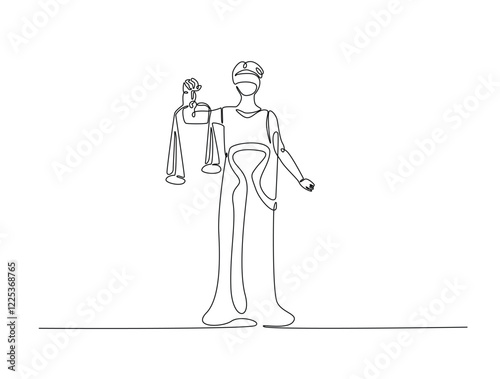 Continuous line art drawing of Themis goddess with scale. Woman justice with scales in hand- single line art drawing vector illustration. Editable stroke.