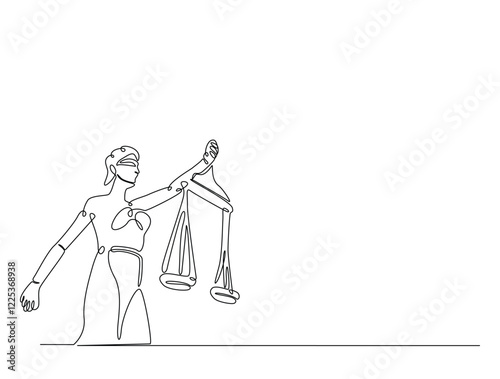 Continuous line art drawing of Themis goddess with scale. Blind lady justice with scales in hand- single line art drawing vector illustration. Editable stroke.