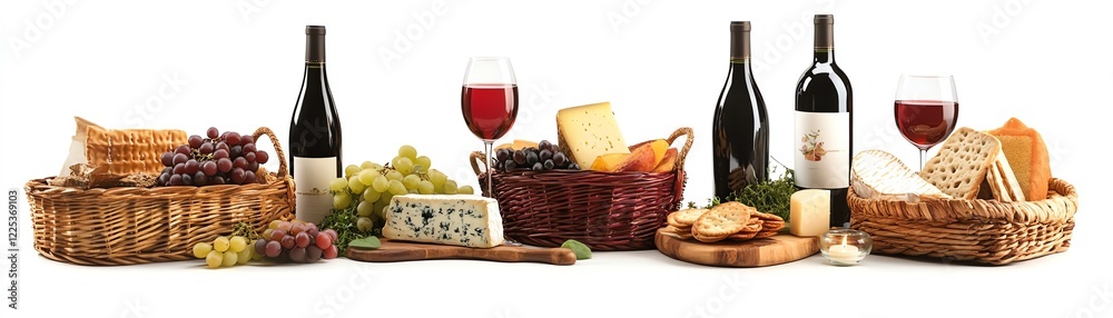 Naklejka premium A beautiful arrangement of wine bottles, glasses, assorted cheeses, and fresh fruits on a white background, perfect for entertaining and culinary showcases.