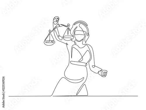 Continuous line art drawing of Themis goddess with scale. Blind lady justice with scales in hand- single line art drawing vector illustration. Editable stroke.