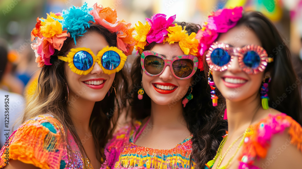 Fototapeta premium Brazilian carnival women wearing colorful costumes and sunglasses smiling