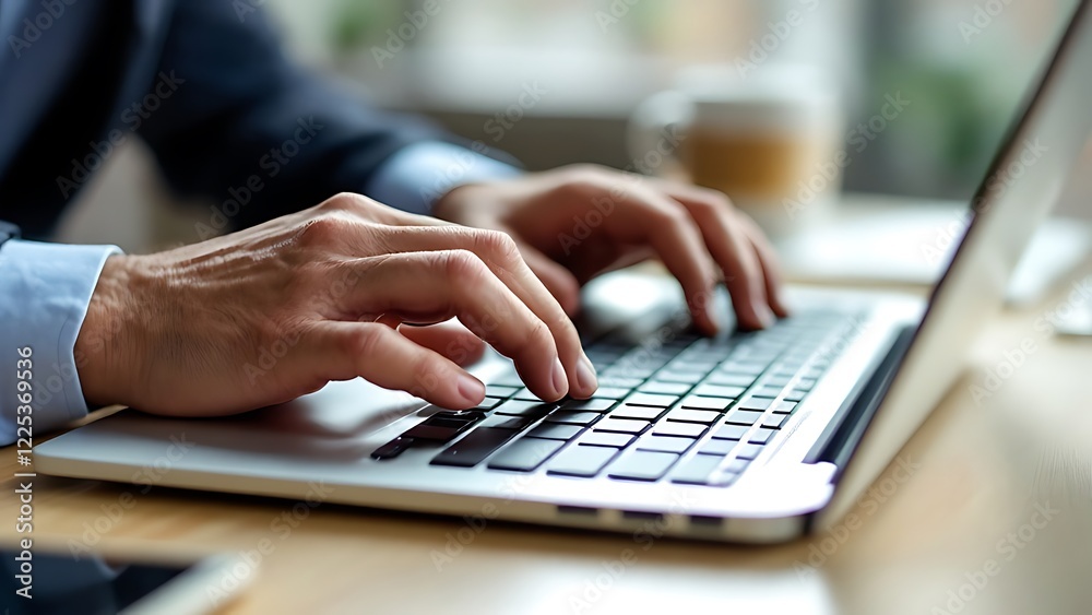 Closeup of businessman hand typing on laptop computer at office. Business man working on computer device, searching the information, surfing the internet on table at workplace Closeup of businessman hand typing on laptop computer at office. Business man working on computer device, searching the information, surfing the internet on table at workplace