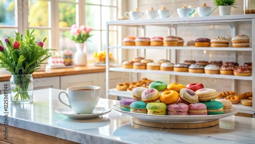 Wallpaper Mural A cup of coffee and colorful pastries on a marble counter near a display of donuts and other baked goods. Torontodigital.ca