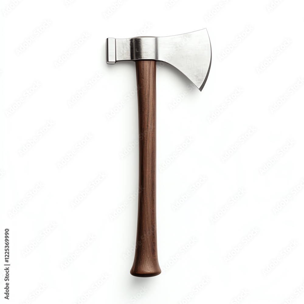 A classic wooden-handled axe with a shiny metal blade, showcasing craftsmanship and utility, isolated on a clean white background. A classic wooden-handled axe with a shiny metal blade, showcasing craftsmanship and utility, isolated on a clean white background.